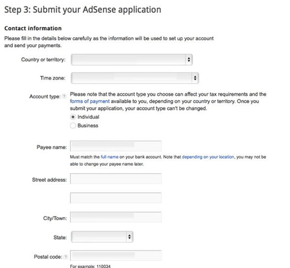 create an adsense account contact information